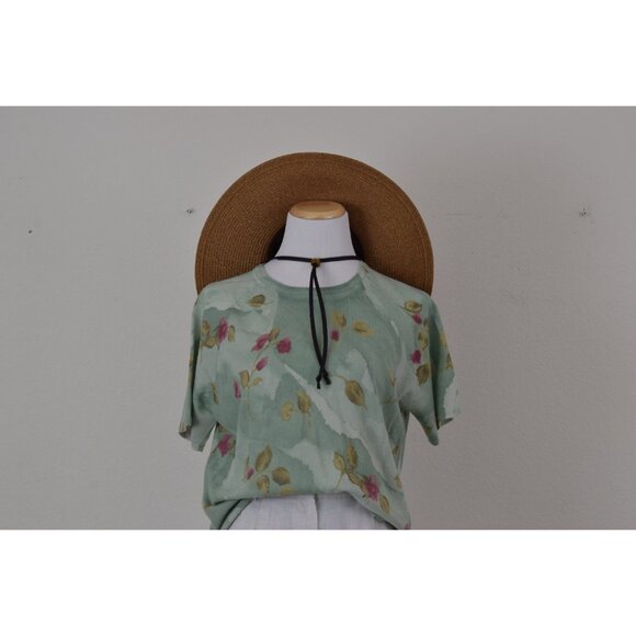 Vintage 90s ramie/acrylic Green Floral Knit‎ Top size M - Picture 10 of 10